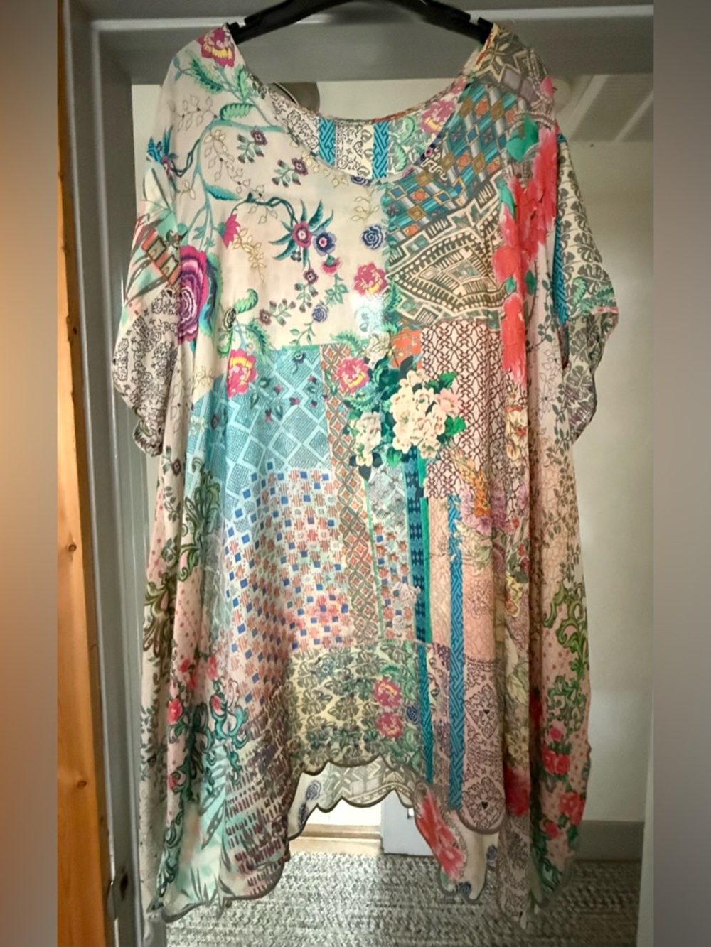 Floral Patchwork Boho Tunic Top in Cream, Teal & Coral